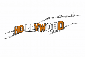 Zeichnung zu Hollywood-Schriftzug auf hügeligem Hintergrund
